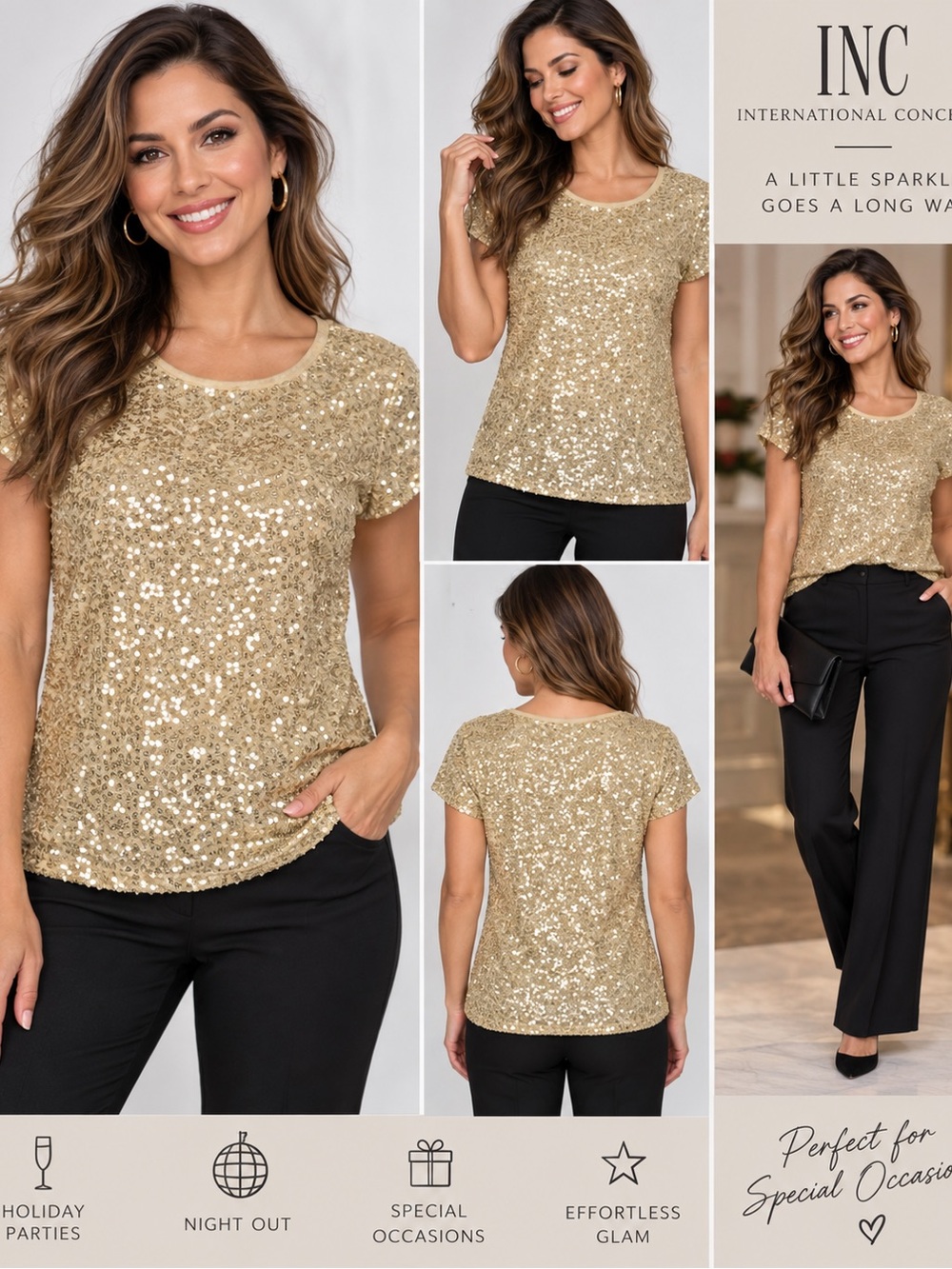 INC International Concepts Gold Sequin Short-Sleeve Tee, Large